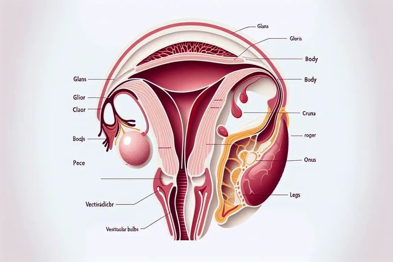Infographie anatomie du clitoris - schéma éducatif montrant gland, corps, piliers et bulbes vestibulaires