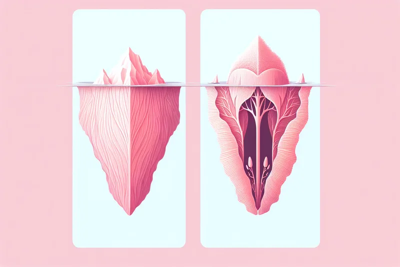 Comparaison taille réelle du clitoris - partie visible versus structure interne de 10 à 12 cm