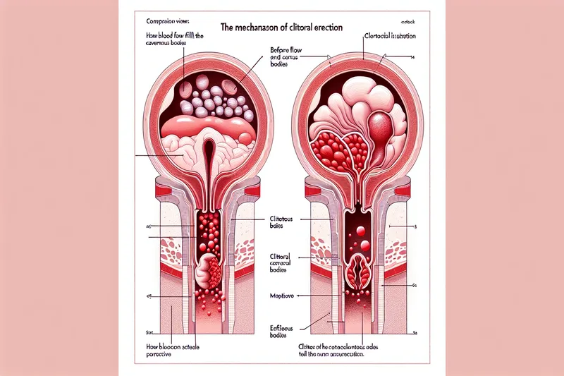 Sch&eacute;ma de l'&eacute;rection clitoridienne montrant le gonflement des corps caverneux lors de l'excitation sexuelle